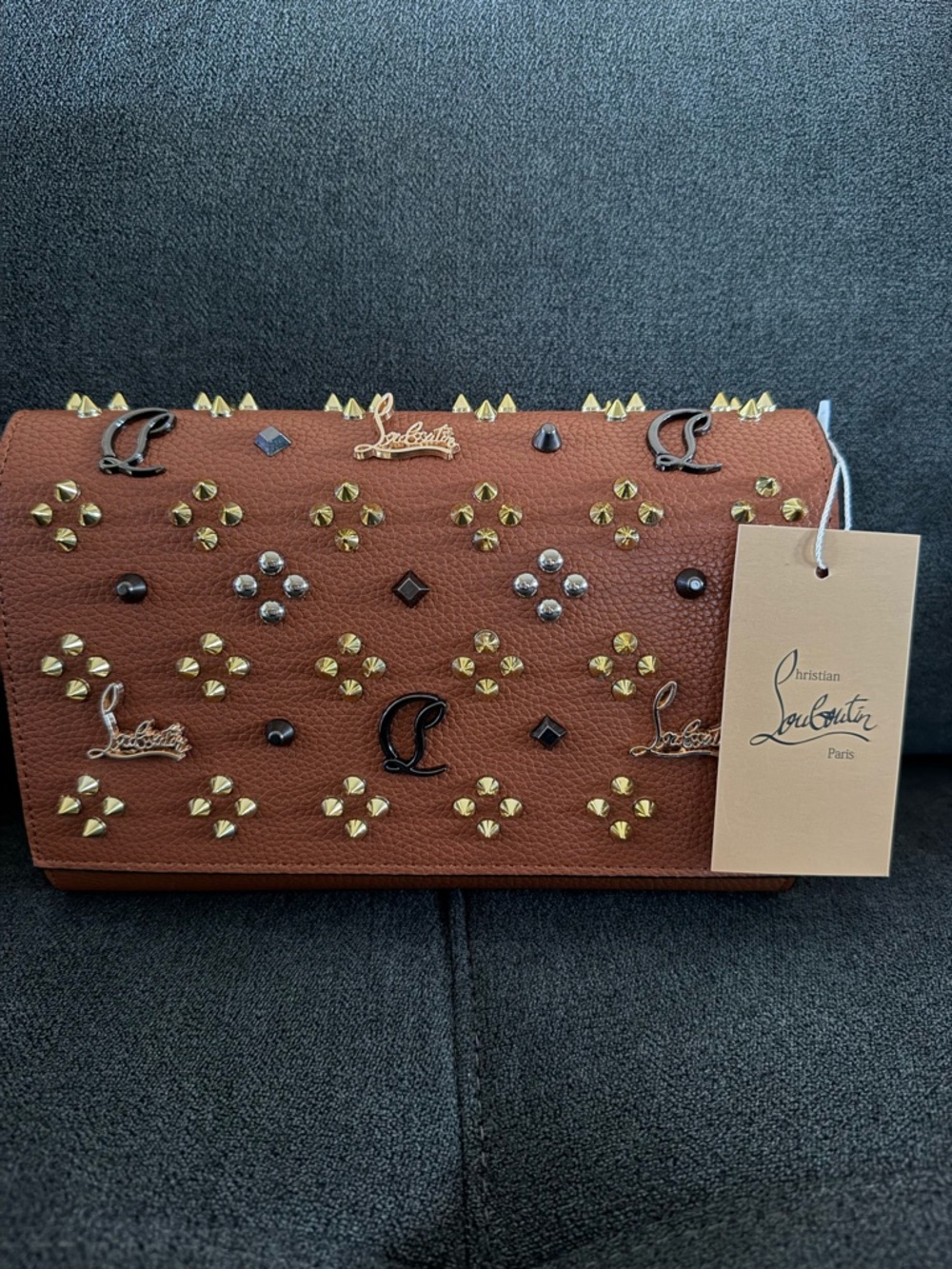 Designer Inspired Brown Leather Studded Fold-Over Clutch
